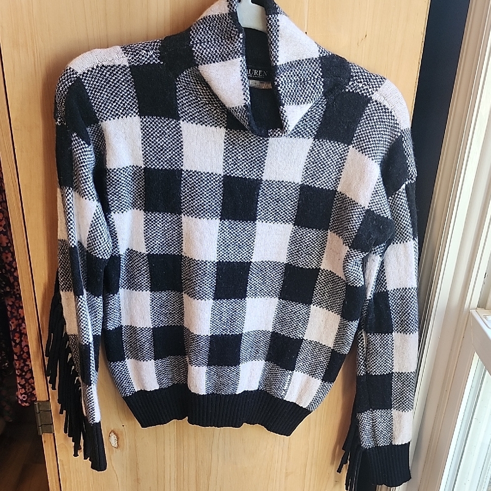 Ralph Lauren Black and White Checkered Turtleneck Sweater (Fringe sleeves!!!!)